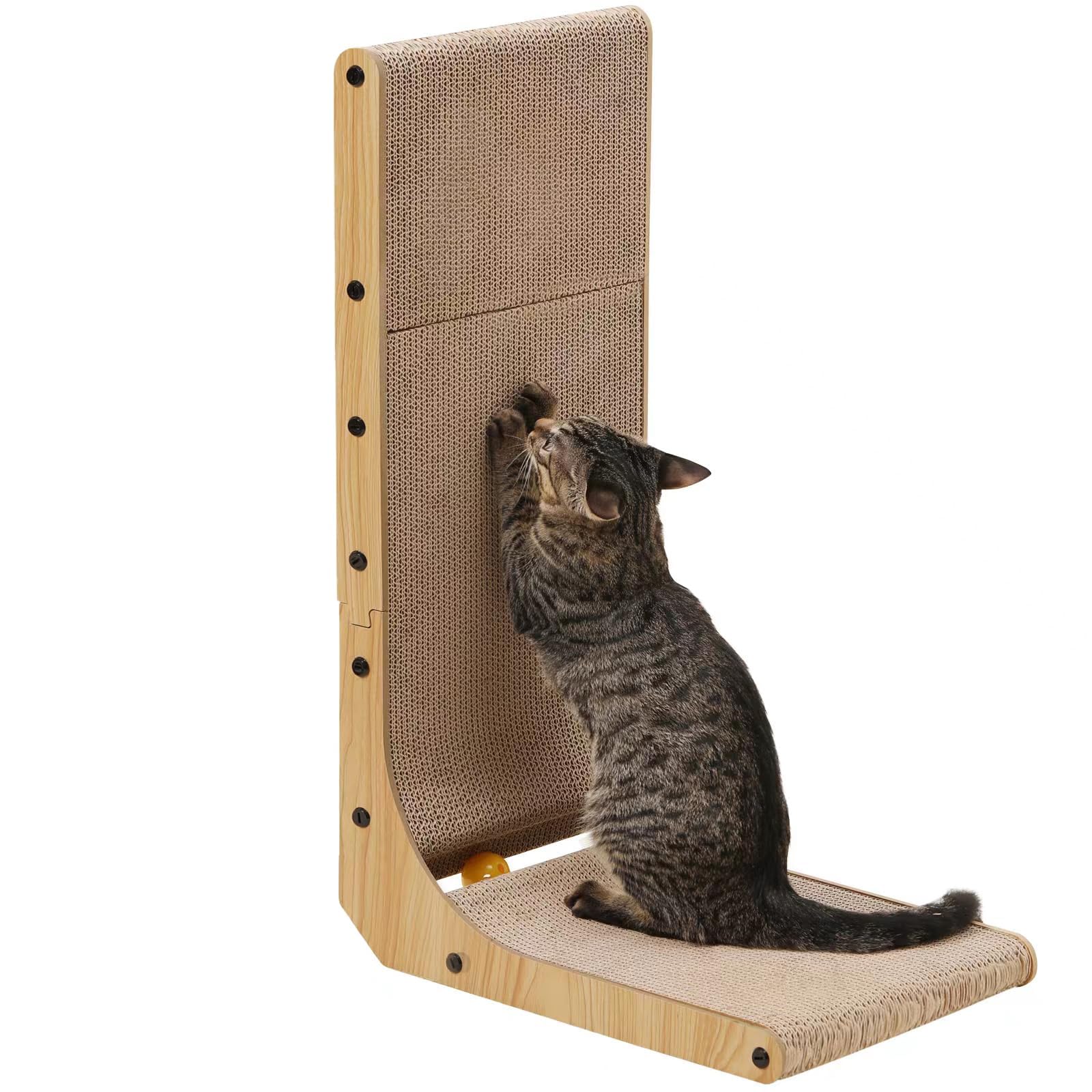 Brown, wall-mounted, L-shape cat scratcher (68cm) with ball toy protects furniture.