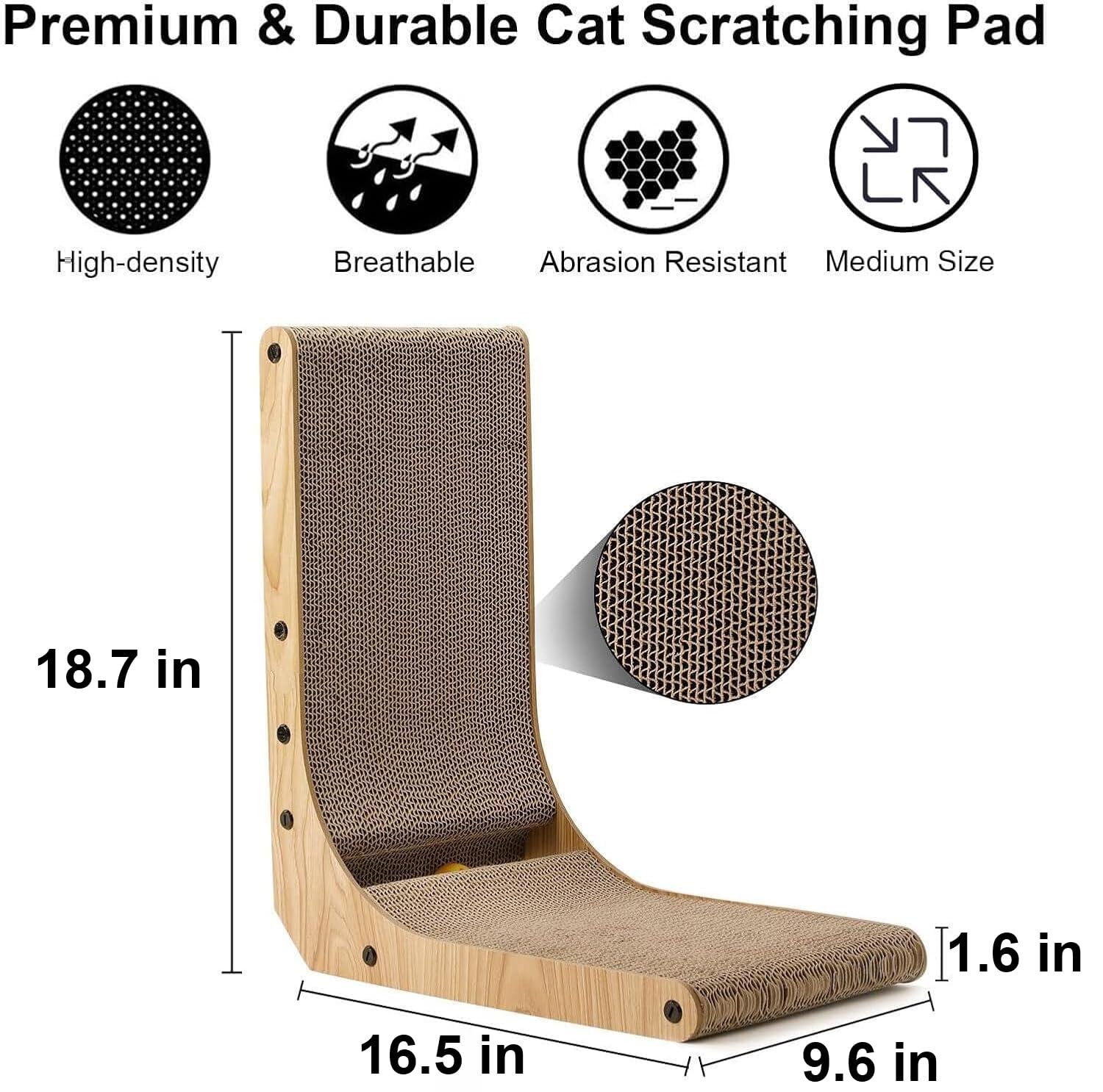 L-Shape brown cardboard cat scratcher wall mounted lounger, medium size, space-saving.