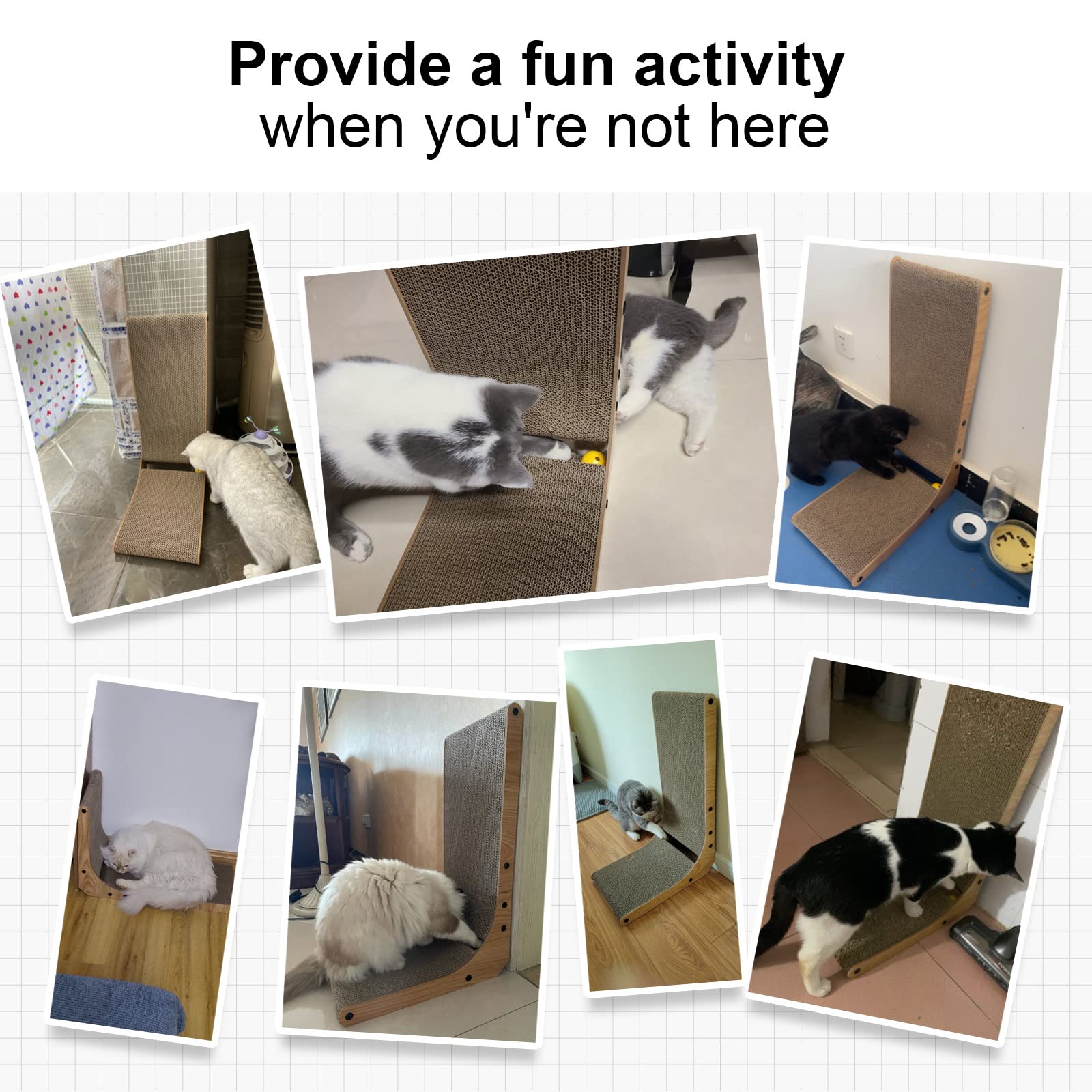 Wall-mounted L-shape brown cardboard cat scratcher with ball toy for indoor cats.