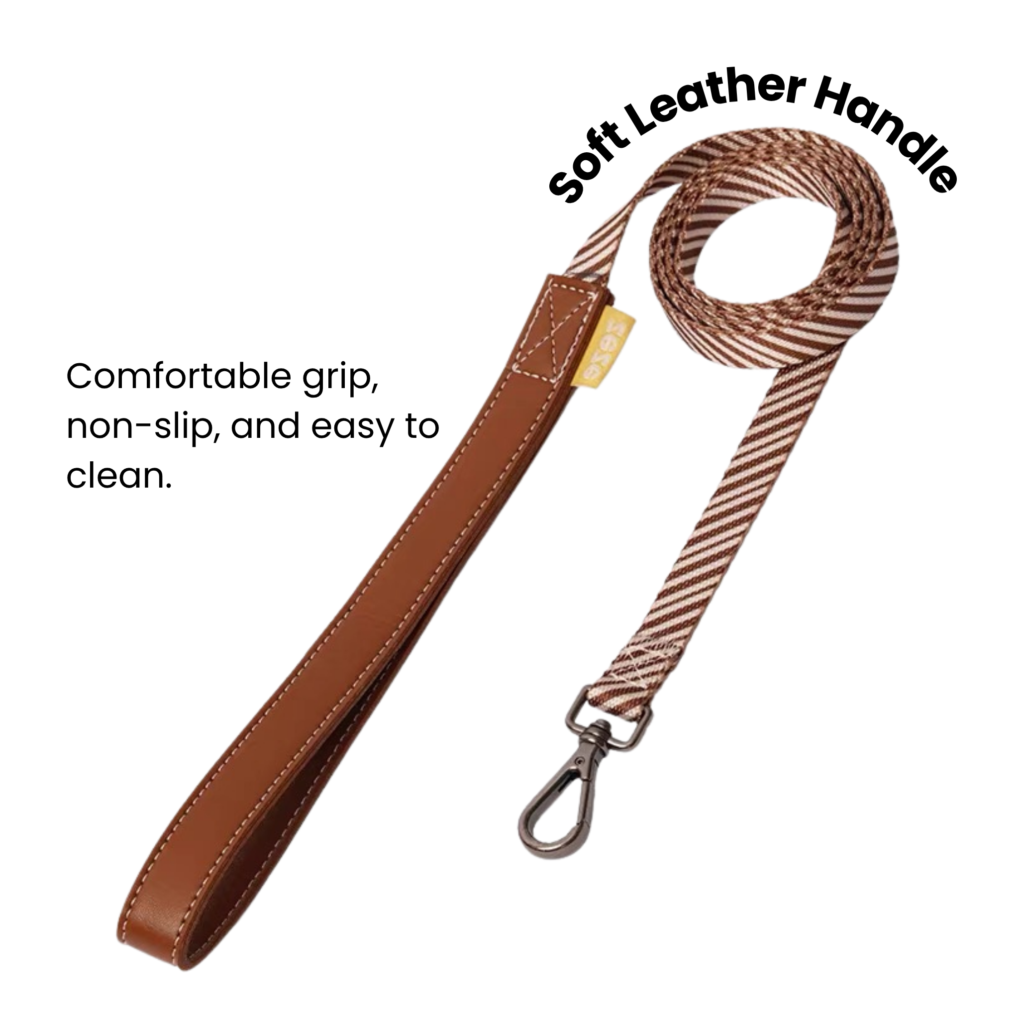 Brown leather handle, striped webbing Zeze dog leash for secure, comfortable walks.
