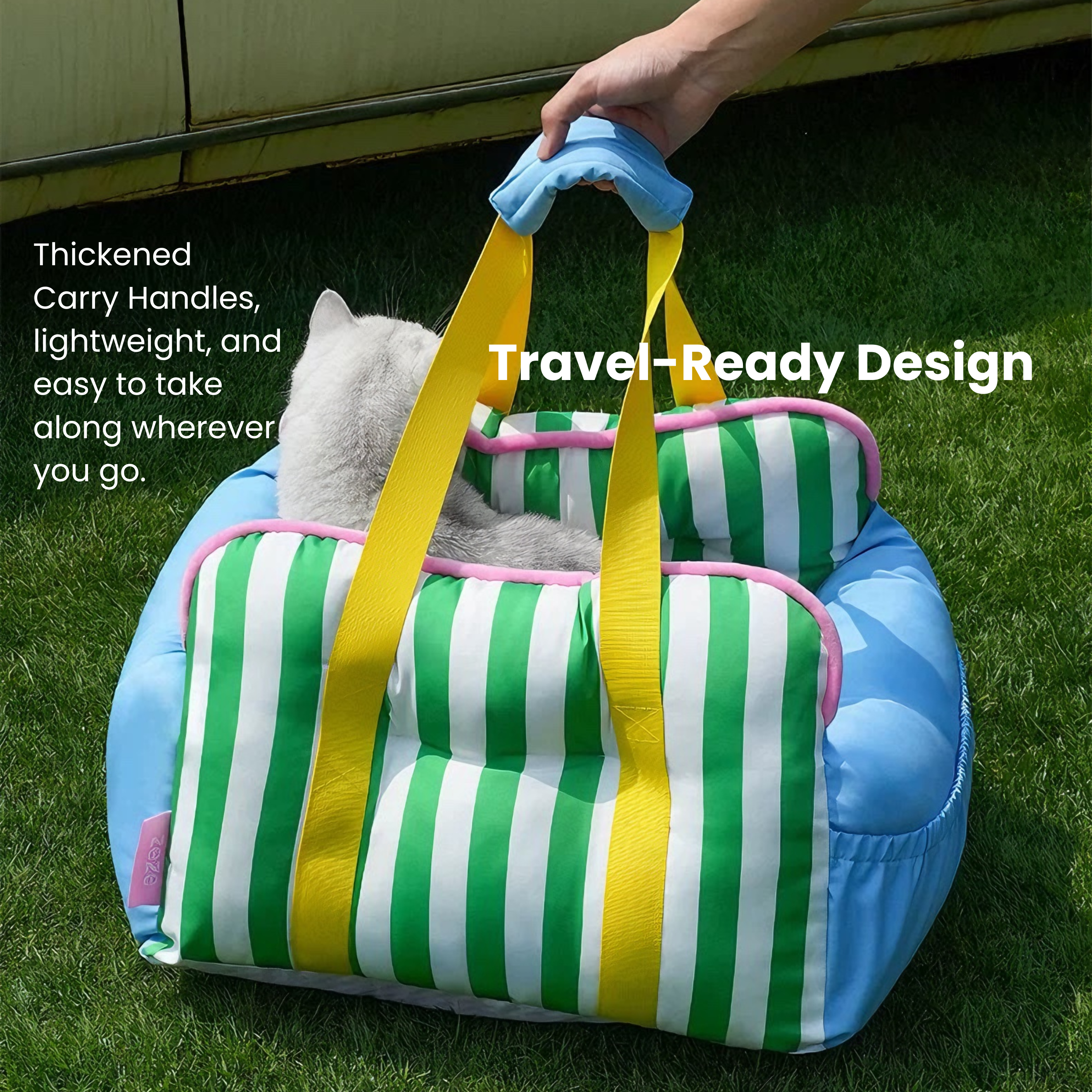 Blue and yellow 3-in-1 Zeze cat car seat/travel bed with striped interior.