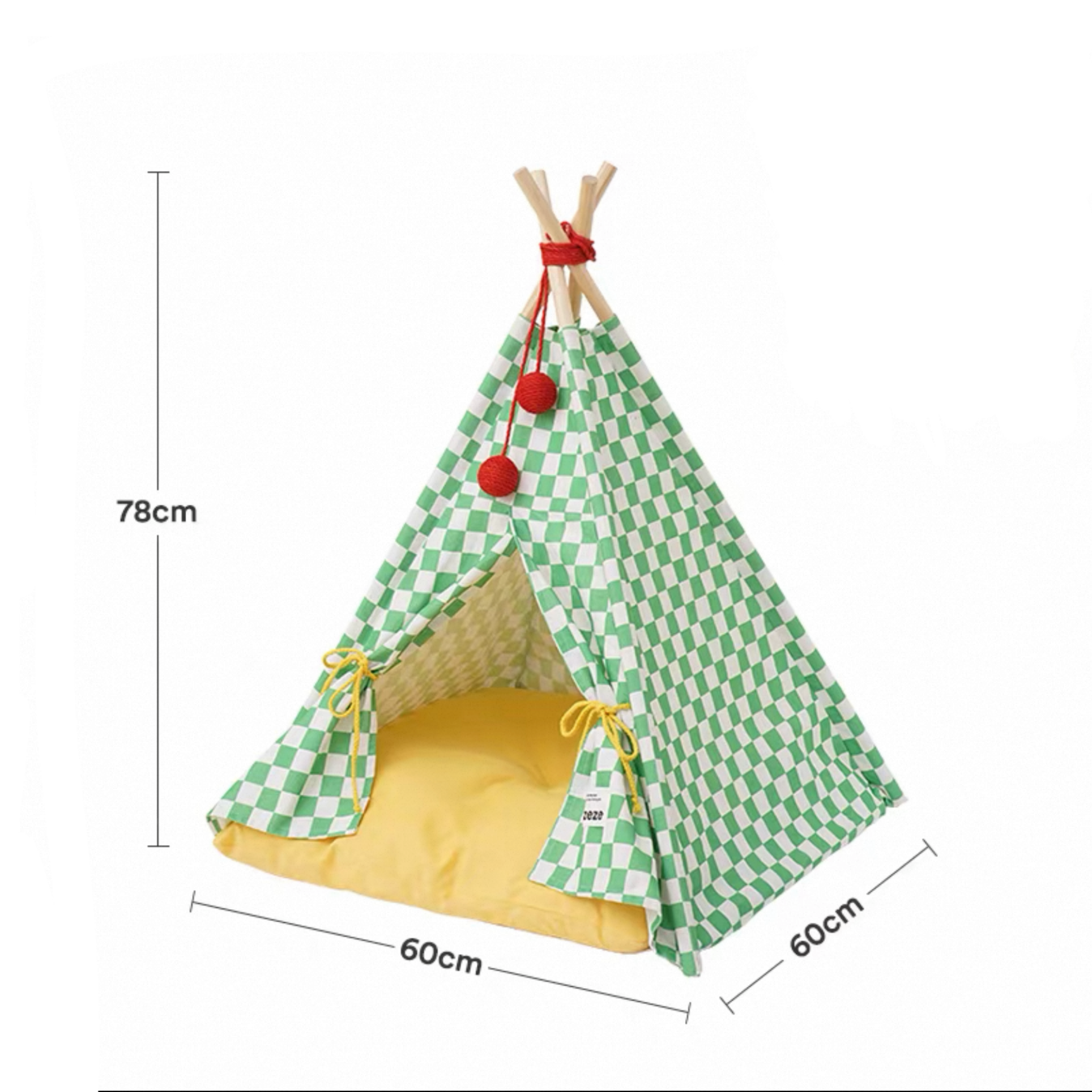 Green checkerboard cat camping tent, 78cm tall, portable pet bed for indoor/outdoor use.