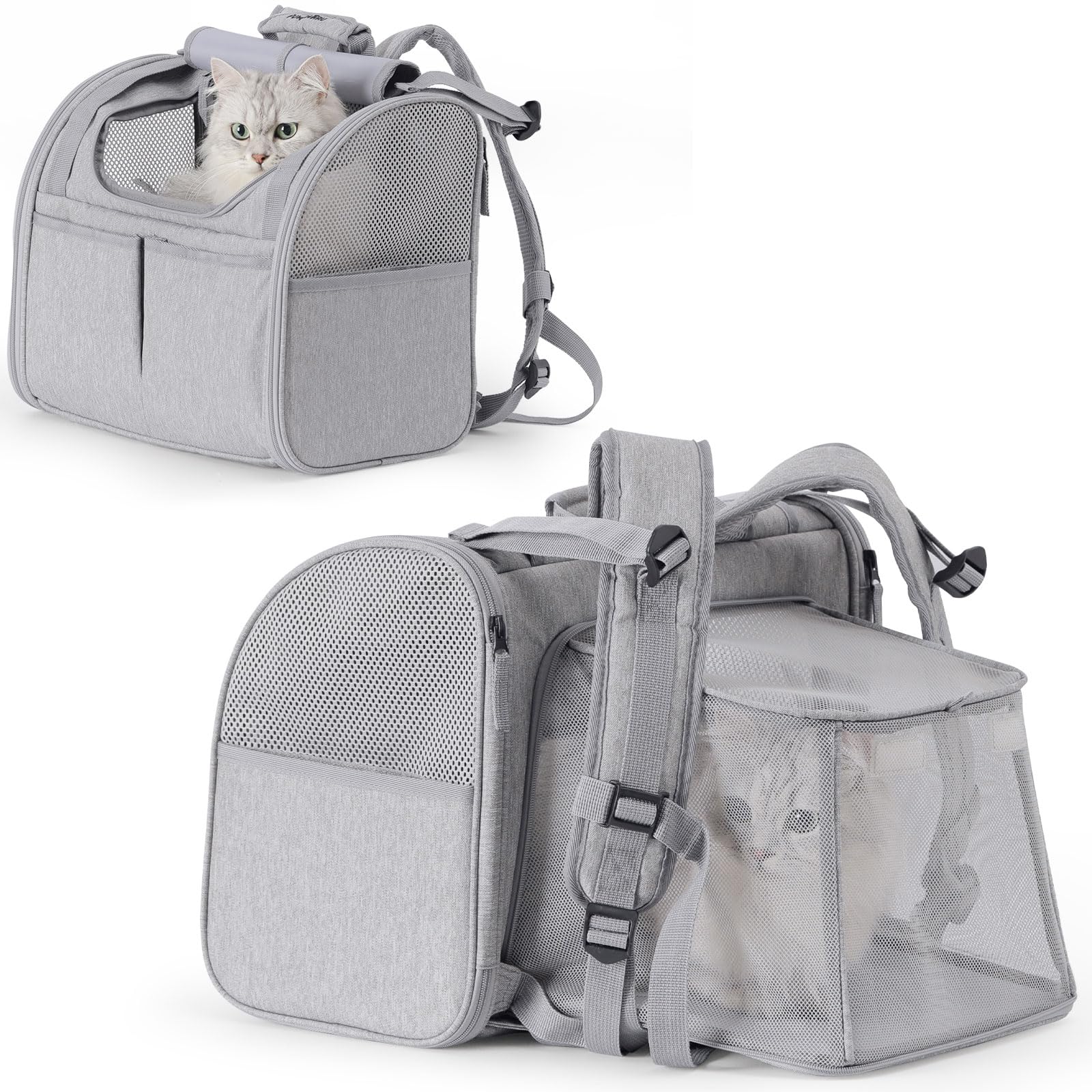 Grey FUKUMARU expandable cat/dog backpack carrier for travel/hiking/camping (under 18 lbs).