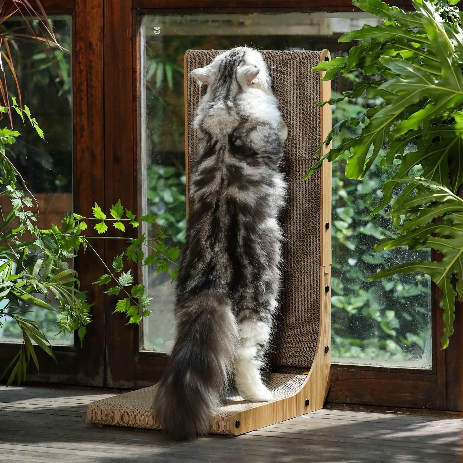 Brown L-shape cardboard cat scratcher pad, wall-mountable, includes a chew toy.