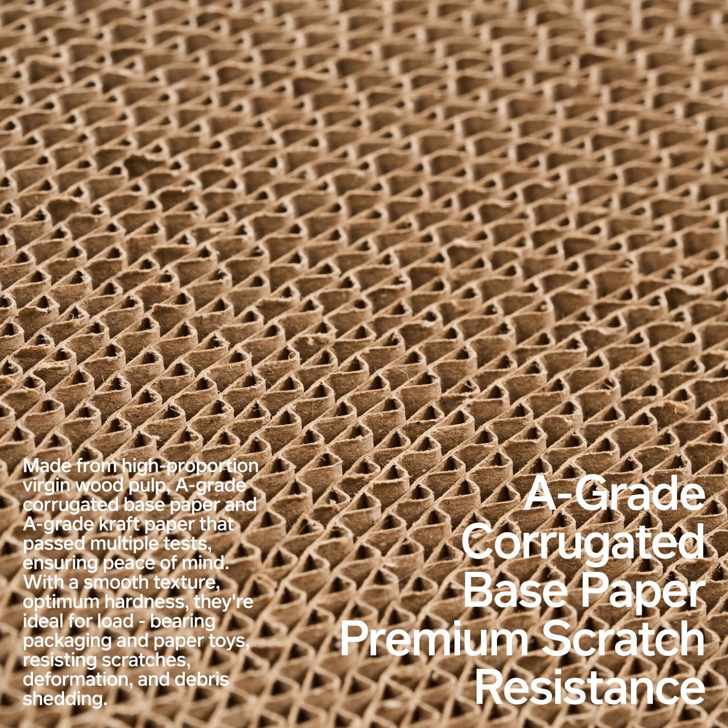 A-Grade corrugated base paper cross-section, virgin wood pulp, sturdy, scratch resistant, for load-bearing packaging.