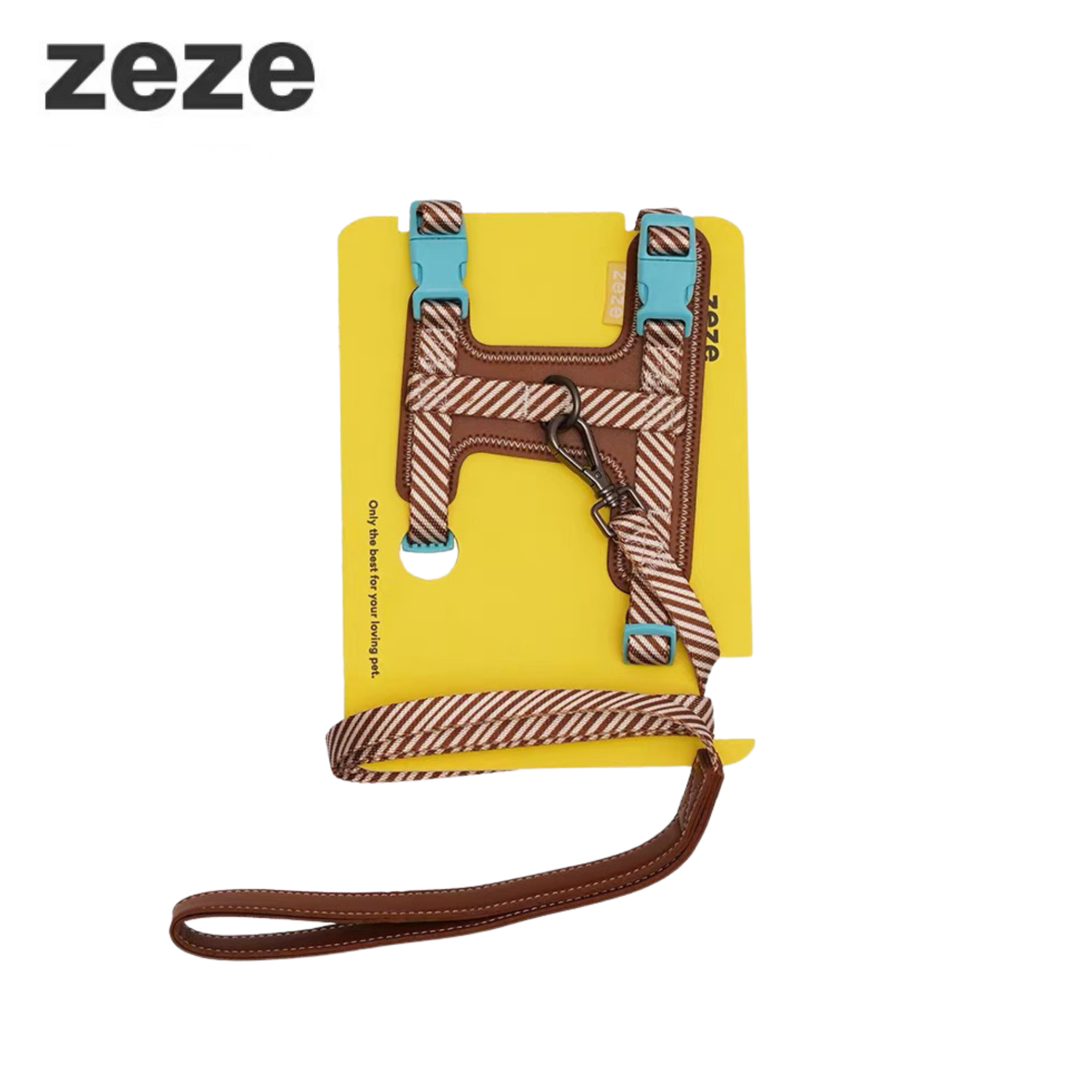 Zeze brown striped polyester/PU leather pet leash and H-harness set for secure, comfortable everyday wear.