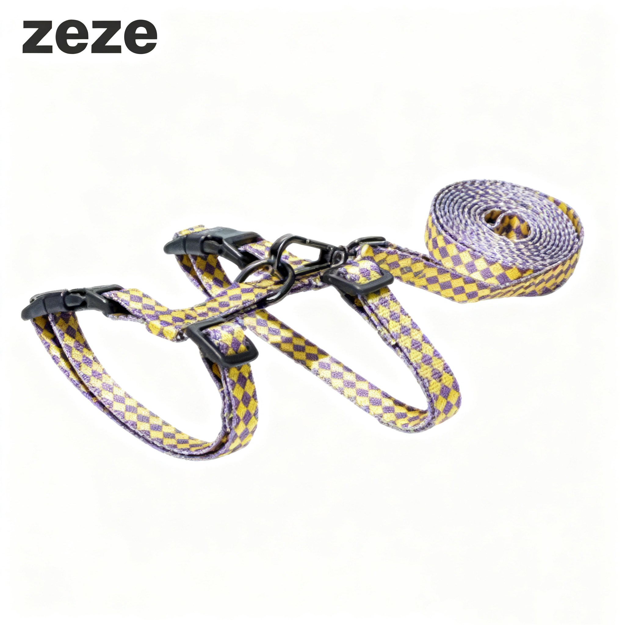 Zeze Yellow Purple Plaid Cat Harness & Leash Set with secure H-shaped design for comfortable walking.