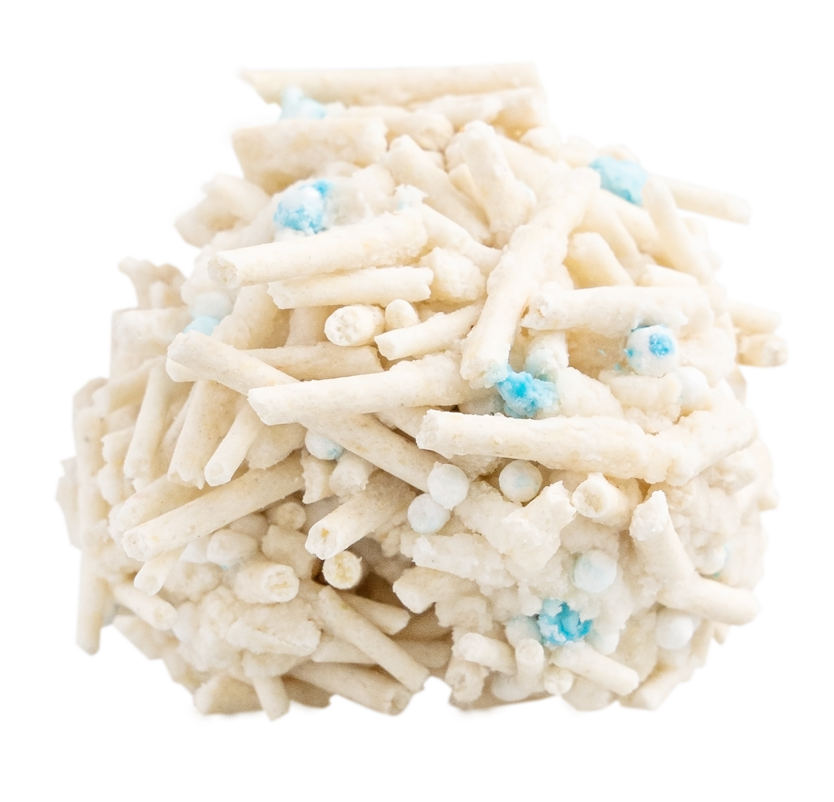 Clump of pidan tofu litter with test particles turned blue