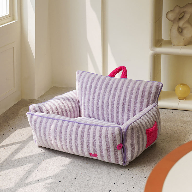 zeze Striped Plush Pet Sofa Bed — Bolstered Arms, Carry Handle & Zip Cover