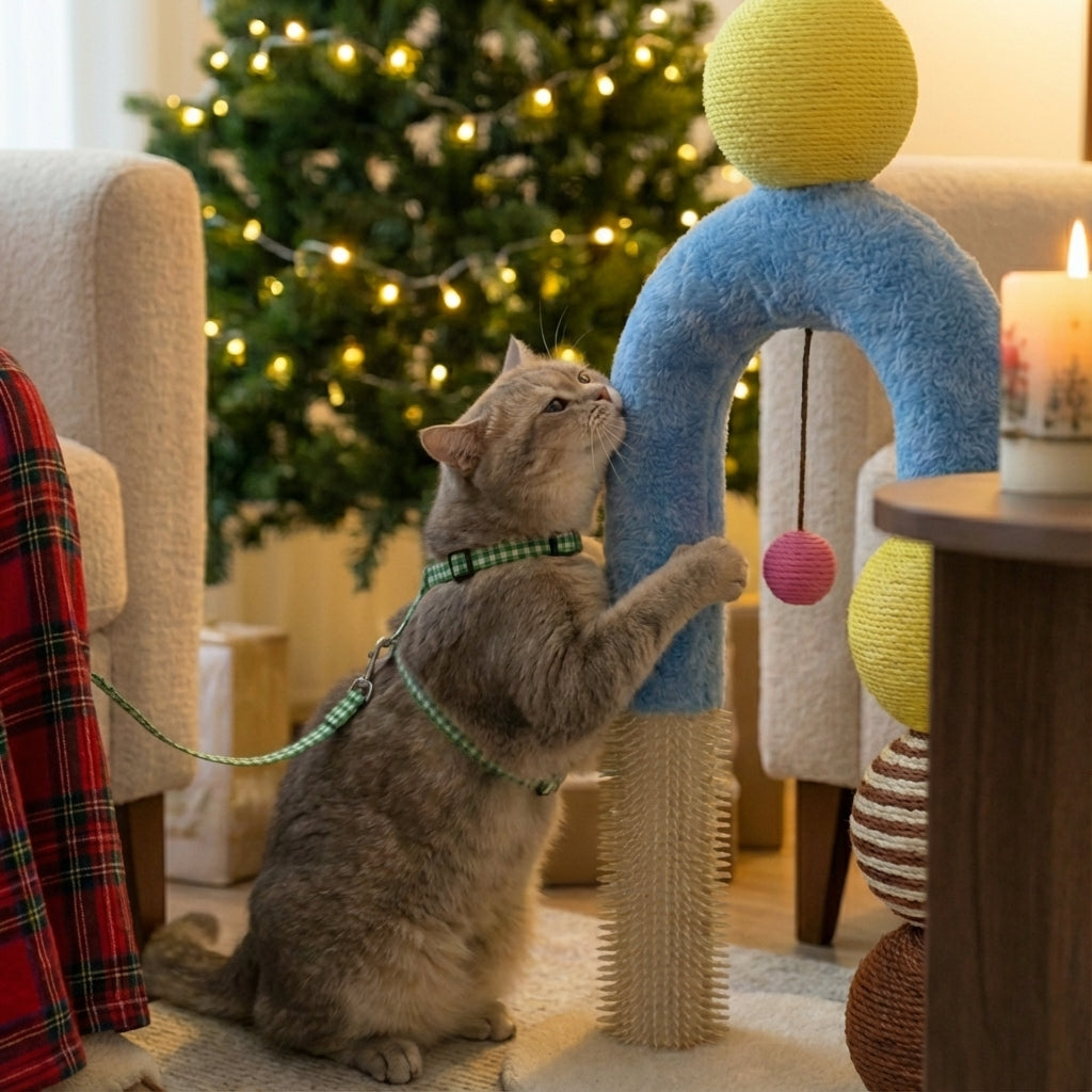 Sisal cat arch scratcher with grooming pole and balls for play and scratching.