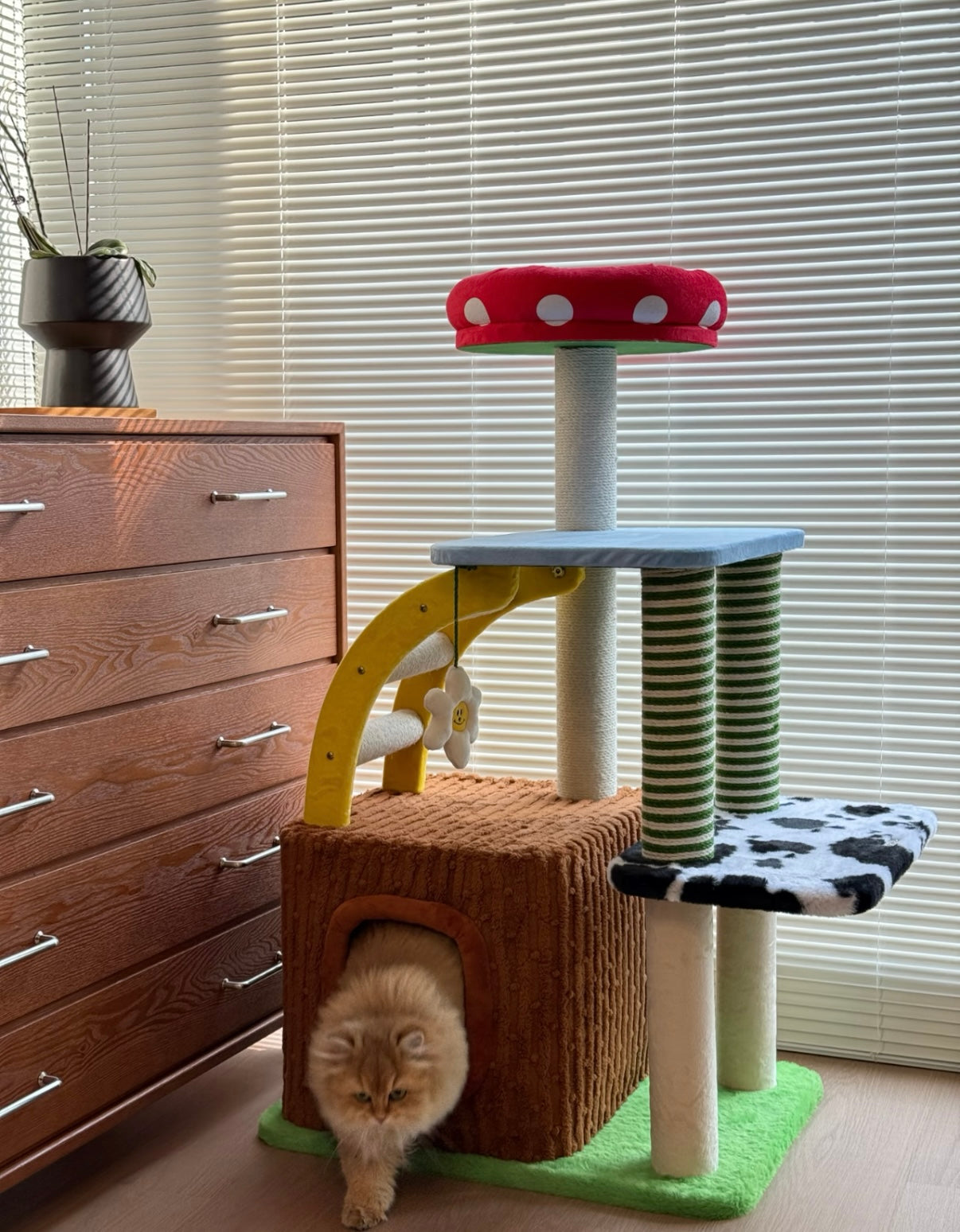 Zeze 3-in-1 cow print cat tree with mushroom perch, scratchers, flower toy, condo, and bed.