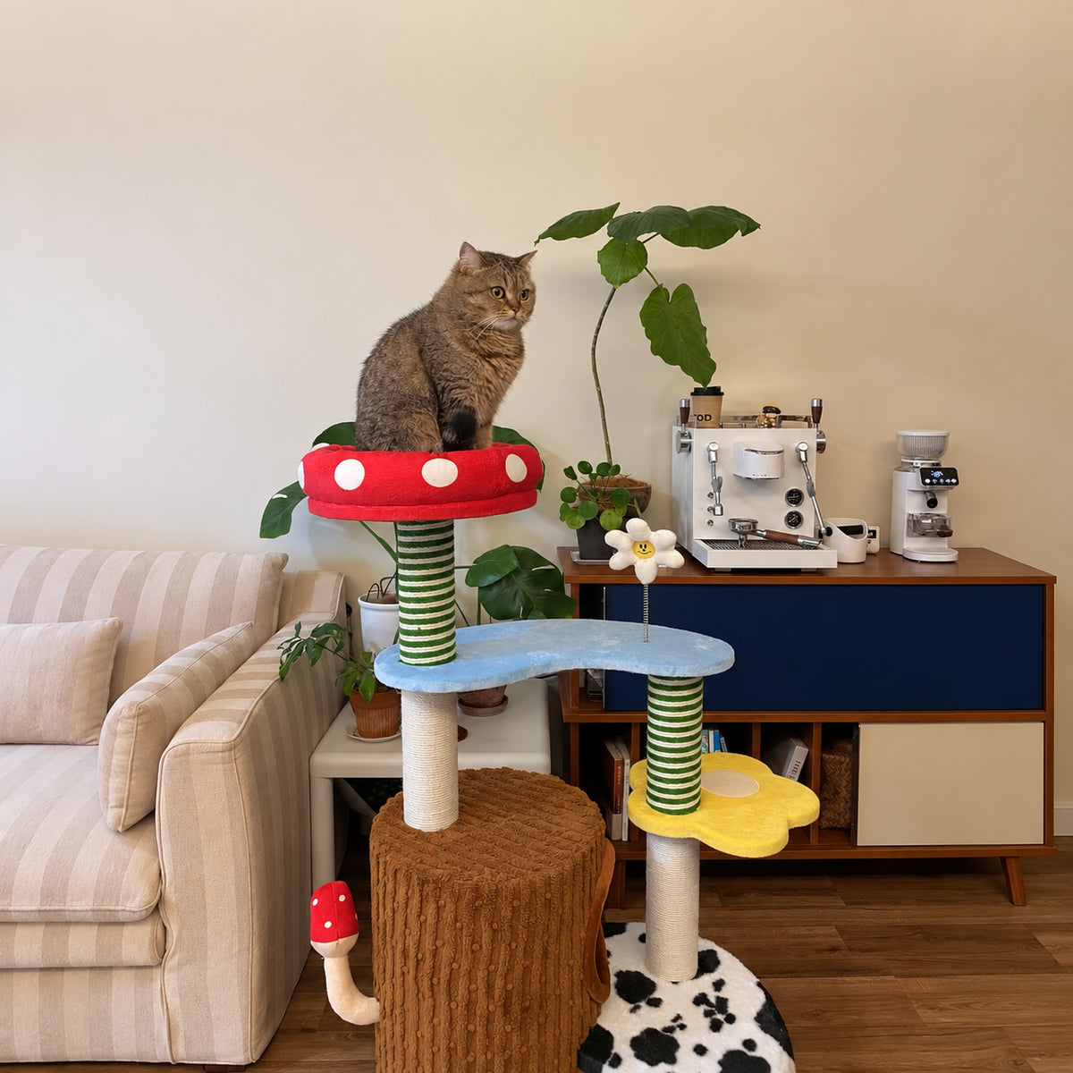 zeze Deluxe 3-in-1 cat tower, customer photo with a tabby on the mushroom bed