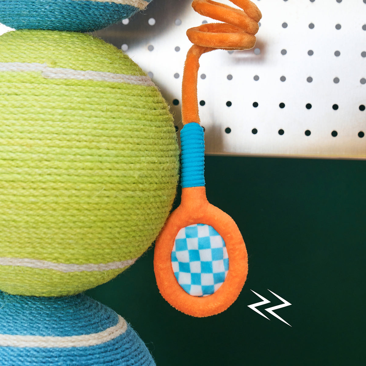 zeze ACE tennis cat scratching post with three rope tennis balls, racket toy and green base