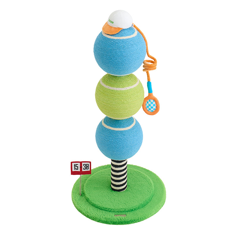 zeze ACE tennis cat scratching post with three rope tennis balls, racket toy and green base