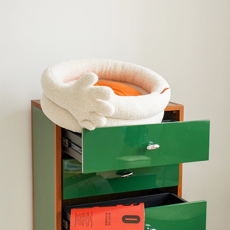 zeze Thank You Pet Bed: cream plush round bed with a large soft hand curled over the side