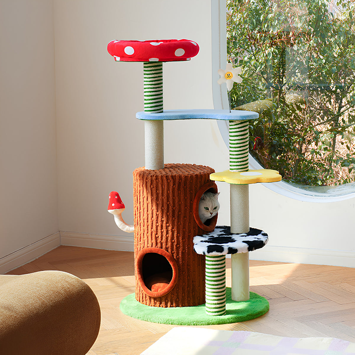 zeze Deluxe 3-in-1 cat tower, full tower in a sunlit room
