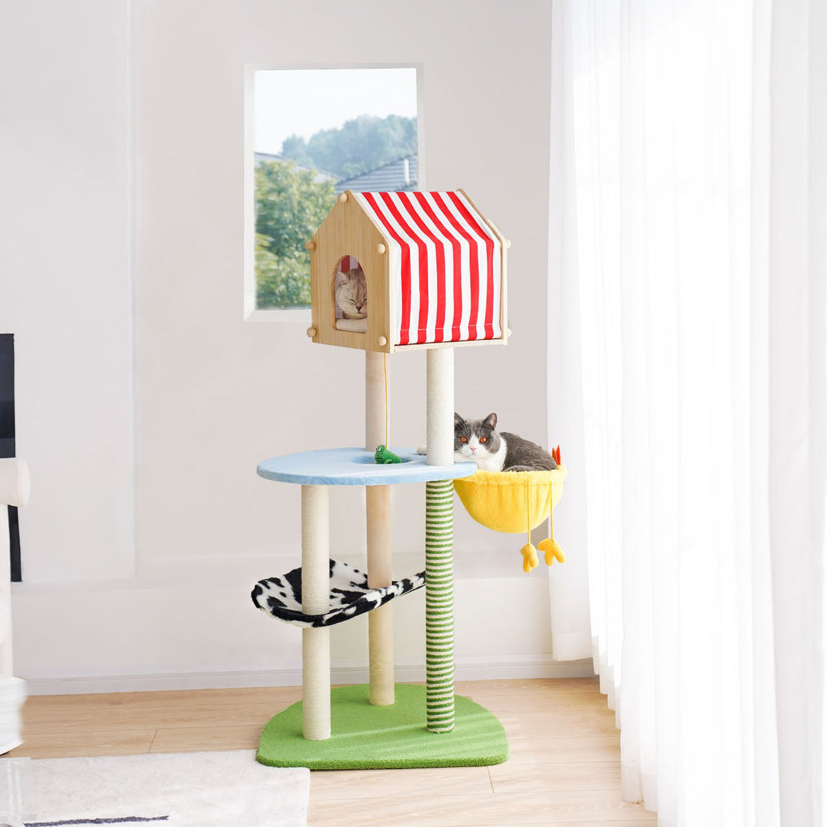 zeze Farmhouse cat tree 138 cm, full tree in a white living room