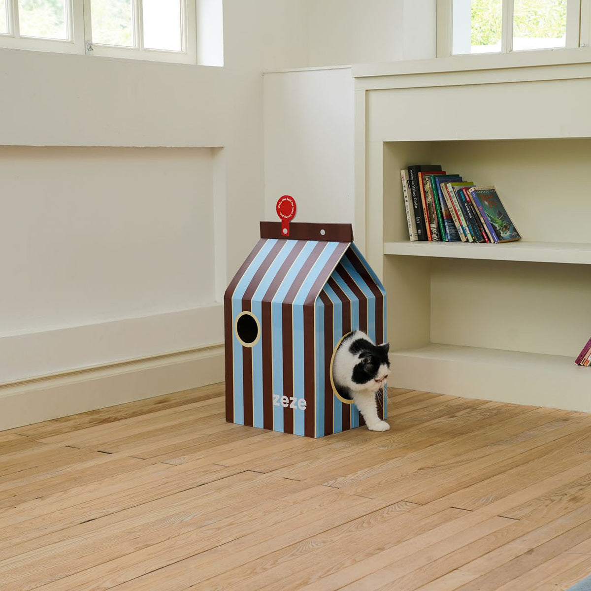 zeze Milk Carton cardboard cat house, cat peeking out by a bookcase