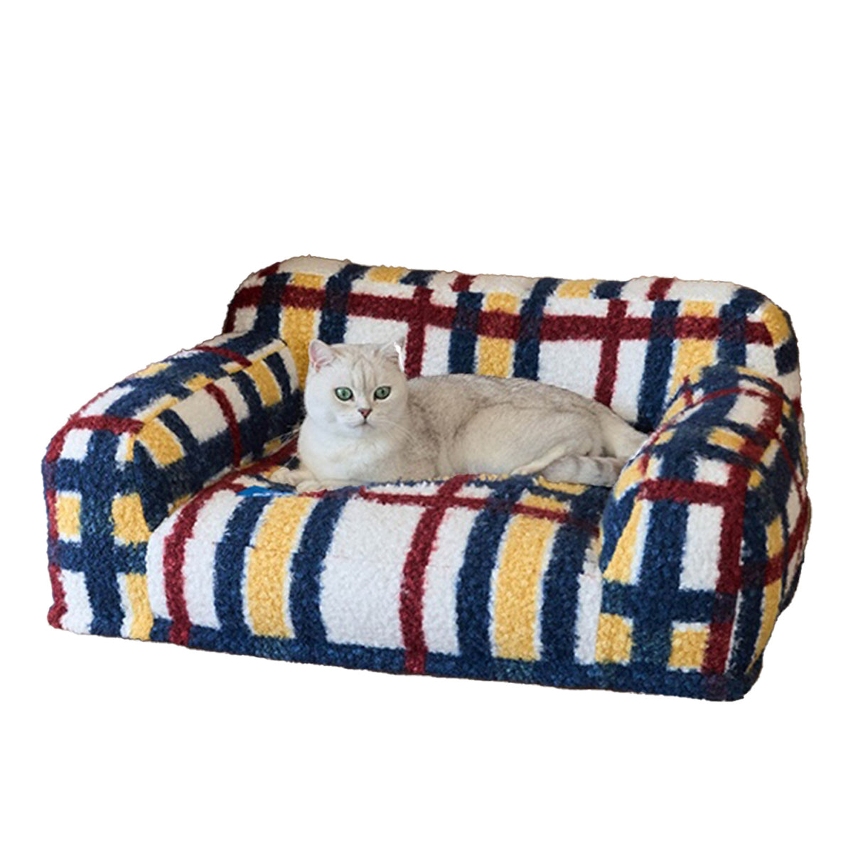zeze Mondrian vintage pet sofa bed, on white with a cat lying on it