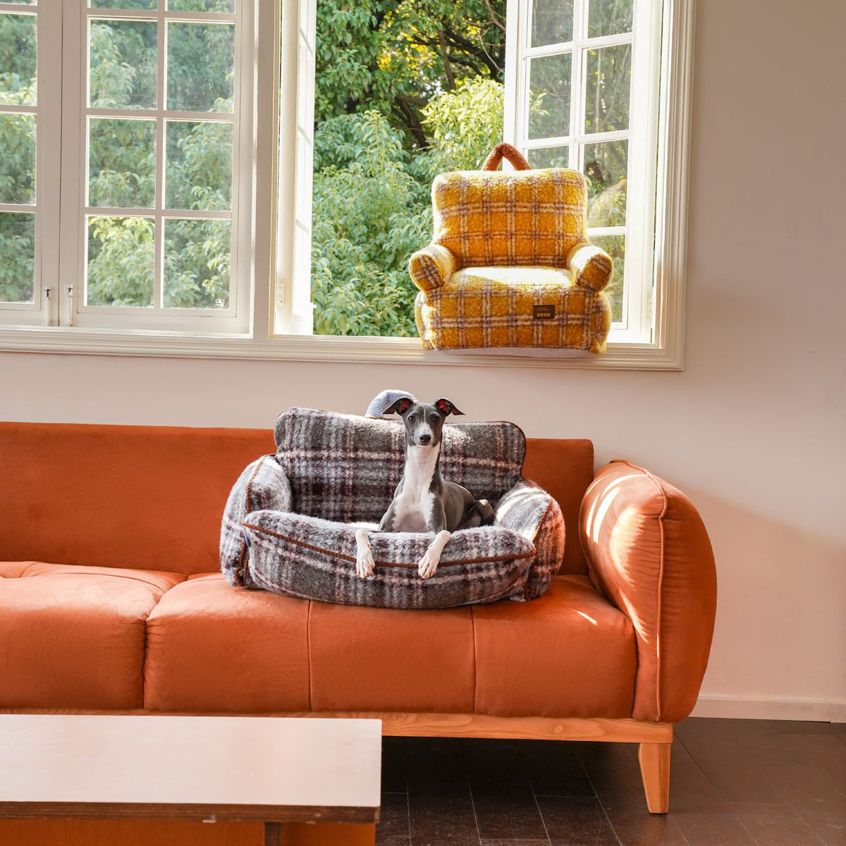 zeze Mondrian vintage pet sofa bed, dog on the sofa on an orange couch