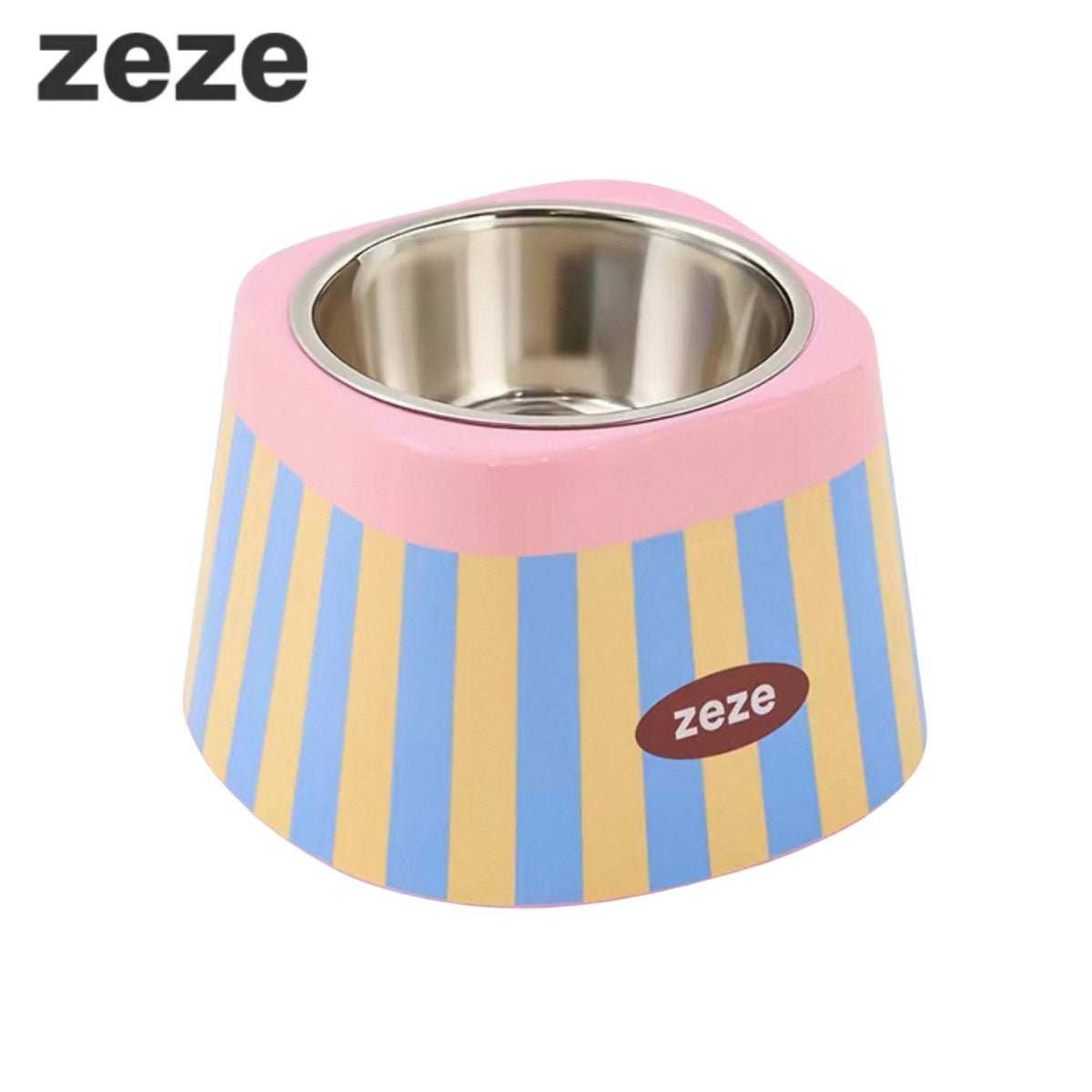 zeze Stainless pet bowl, pink rim and blue-yellow striped raised bowl on white