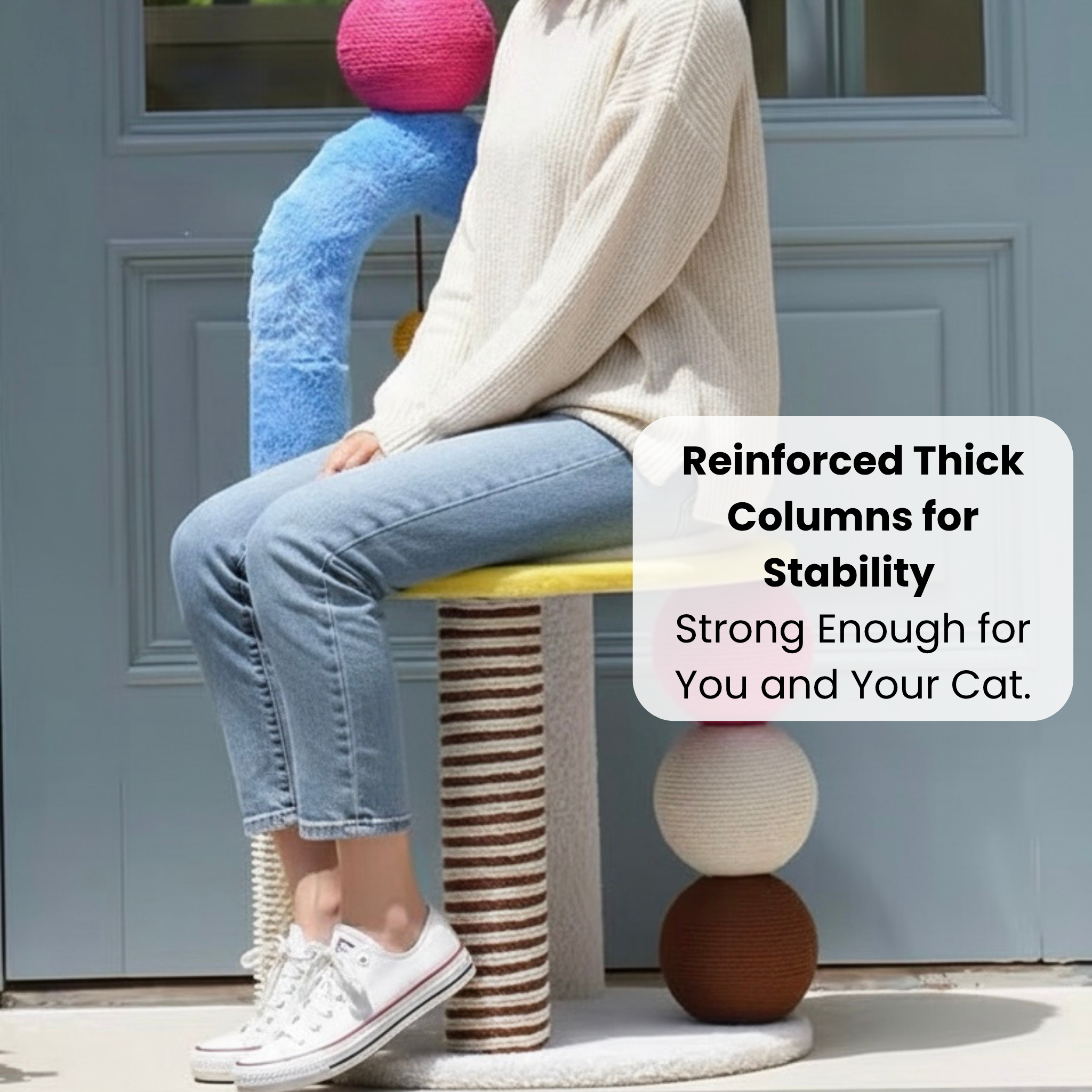Large, sturdy, multi-level cat tree with sisal scratching posts and arch for climbing and scratching.